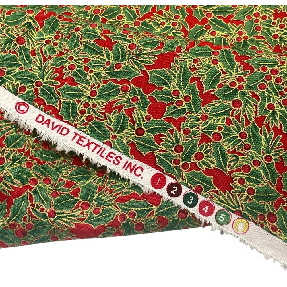 David Textiles Christmas Holly Berry Fabric BTY Yard Cotton Metallic Gold